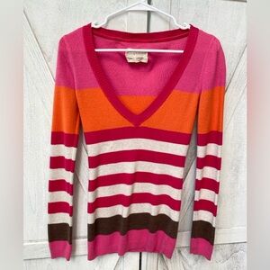 Aéropostale Striped V-Neck Sweater Women’s Small Pink Orange Y2k